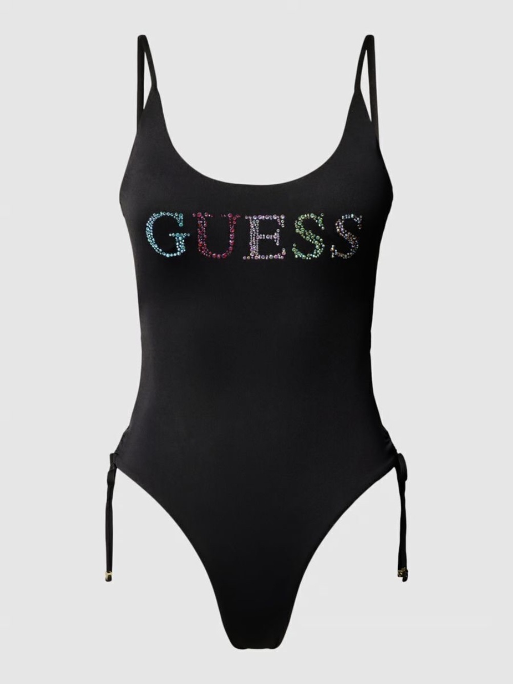 GUESS Rhinestone Logo Cutout One Piece Swimsuit Black Size Small